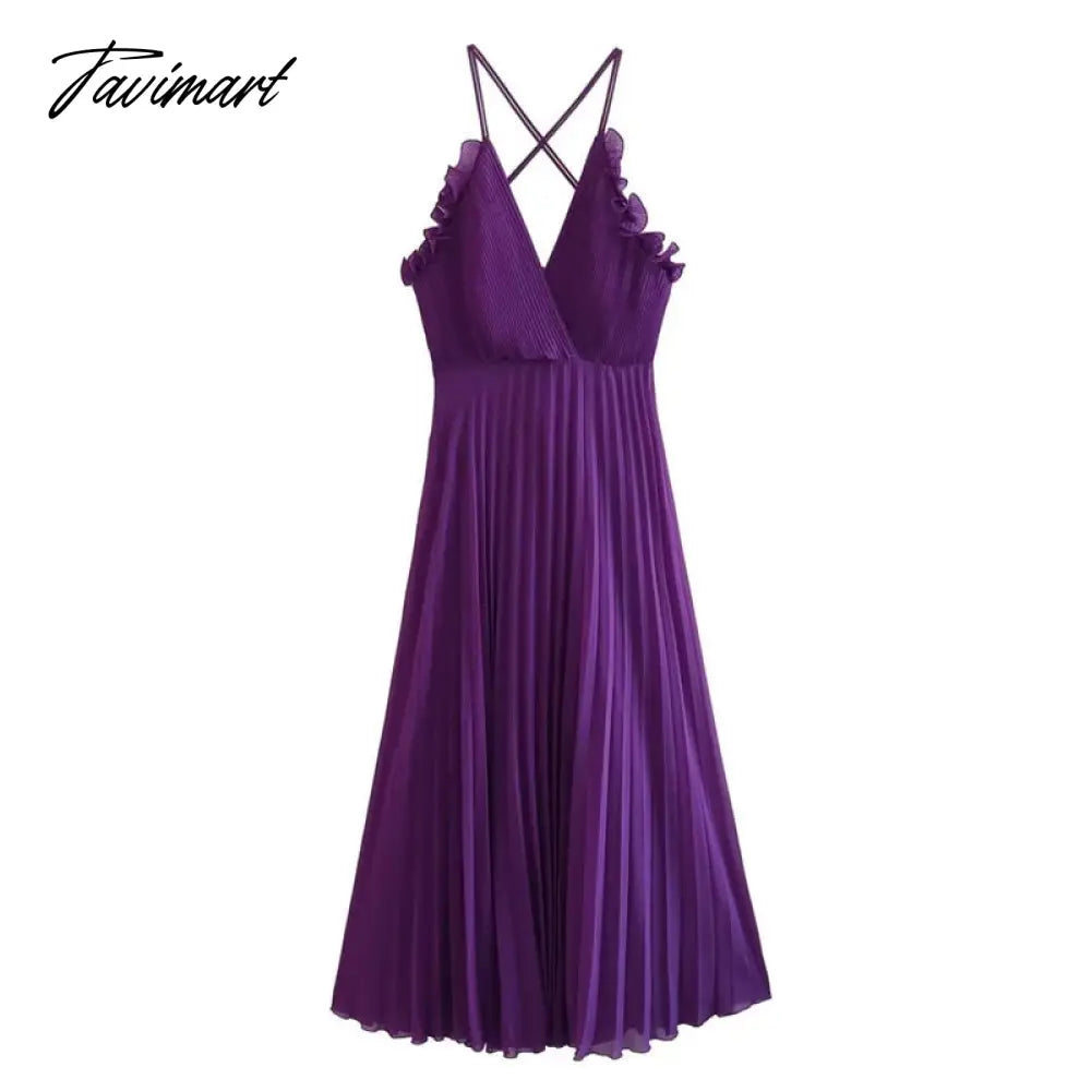 Lace Up Ruffles Pleated Backless Dress Woman Purple Slip Long Dress Women Sexy Summer Ruched Elegant Party Dresses Women
