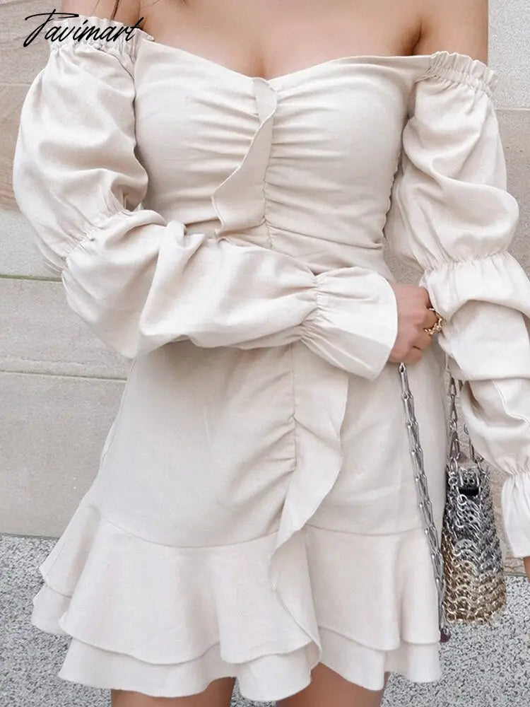 Ladies Sexy One-Line Neck Two-Wear Backless Party Mini Dress Fashion Solid Long Lantern Sleeve Dresses Spring Elegant Slim Dress