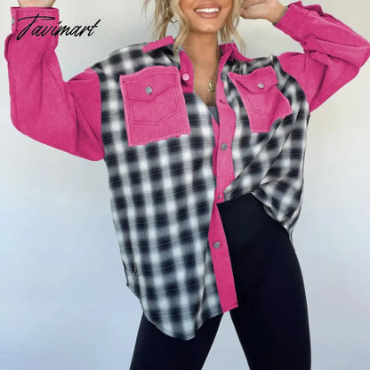 Lady Autumn Casual Plaid Patchwork Jacket Fashion Long Sleeve Lapel Single Breasted Coat Women Retro Loose Irregular Shirt Coats