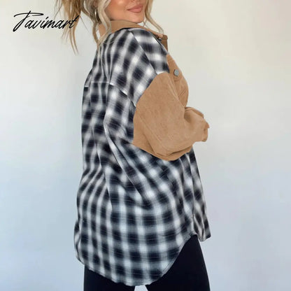Lady Autumn Casual Plaid Patchwork Jacket Fashion Long Sleeve Lapel Single Breasted Coat Women Retro Loose Irregular Shirt Coats