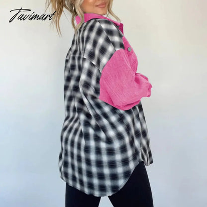 Lady Autumn Casual Plaid Patchwork Jacket Fashion Long Sleeve Lapel Single Breasted Coat Women Retro Loose Irregular Shirt Coats