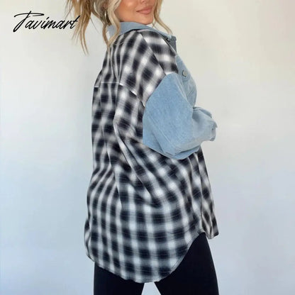 Lady Autumn Casual Plaid Patchwork Jacket Fashion Long Sleeve Lapel Single Breasted Coat Women Retro Loose Irregular Shirt Coats
