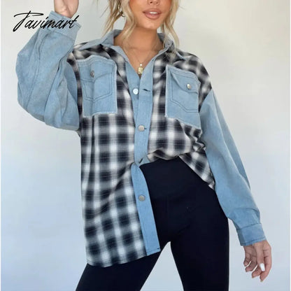 Lady Autumn Casual Plaid Patchwork Jacket Fashion Long Sleeve Lapel Single Breasted Coat Women Retro Loose Irregular Shirt Coats