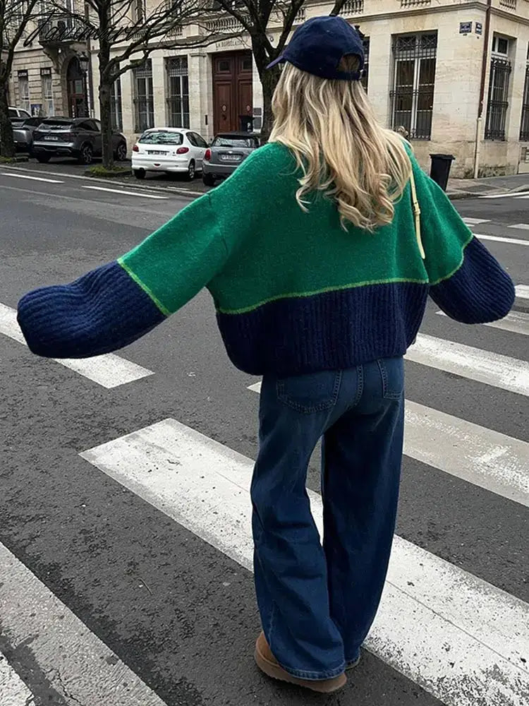 Lady Chic Floral Spliced Contrast Color Sweater Casual Loose V Neck Long Sleeves Cardigan Elegant Warm Street Knitwear Female