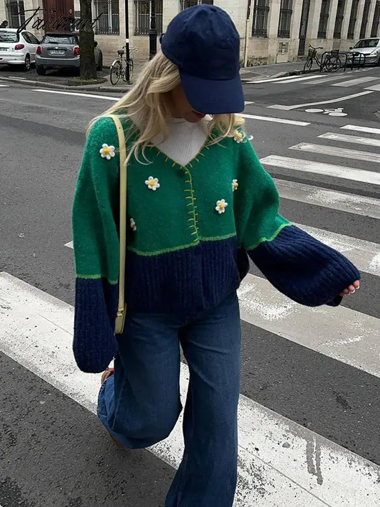 Lady Chic Floral Spliced Contrast Color Sweater Casual Loose V Neck Long Sleeves Cardigan Elegant Warm Street Knitwear Female