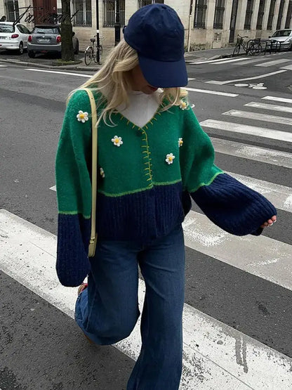 Lady Chic Floral Spliced Contrast Color Sweater Casual Loose V Neck Long Sleeves Cardigan Elegant Warm Street Knitwear Female