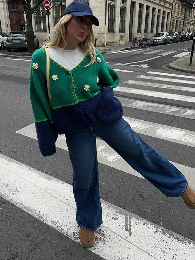 Lady Chic Floral Spliced Contrast Color Sweater Casual Loose V Neck Long Sleeves Cardigan Elegant Warm Street Knitwear Female