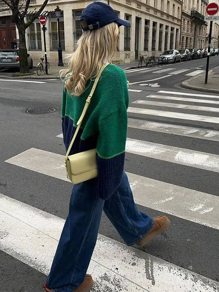 Lady Chic Floral Spliced Contrast Color Sweater Casual Loose V Neck Long Sleeves Cardigan Elegant Warm Street Knitwear Female