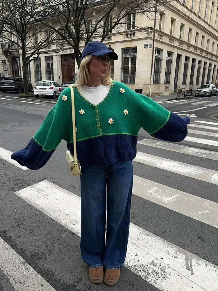 Lady Chic Floral Spliced Contrast Color Sweater Casual Loose V Neck Long Sleeves Cardigan Elegant Warm Street Knitwear Female