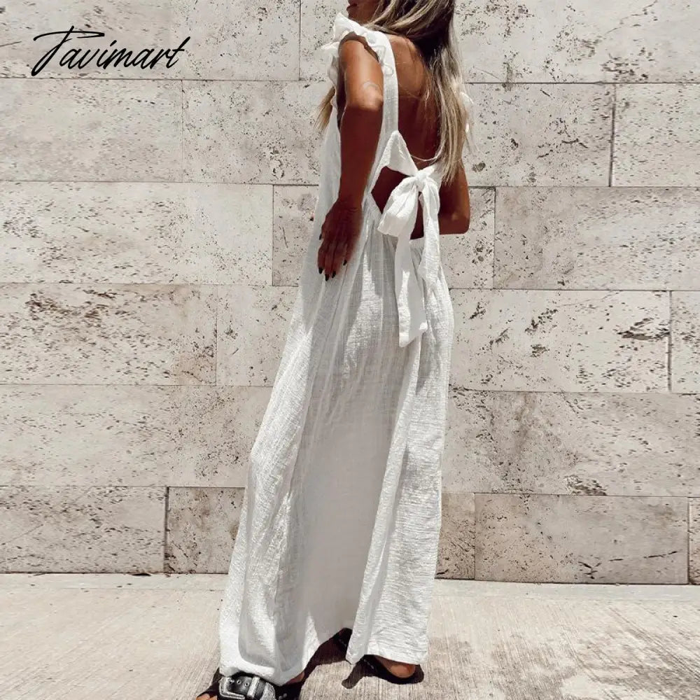 Lady Solid Flying Sleeve Square Collar Loose Long Dress Cotton Linen Dress Casual Backless Bow Lace-up Beach Summer Dress
