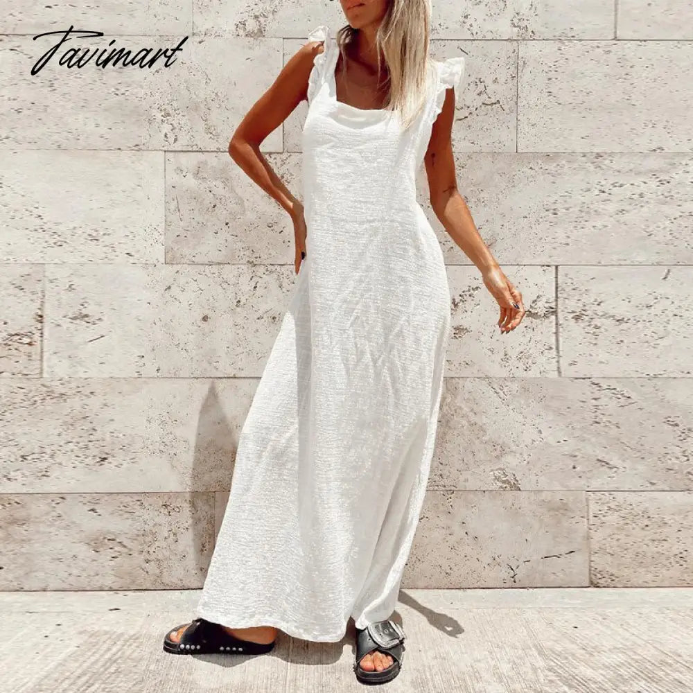 Lady Solid Flying Sleeve Square Collar Loose Long Dress Cotton Linen Dress Casual Backless Bow Lace-up Beach Summer Dress