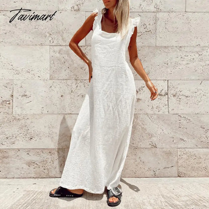 Lady Solid Flying Sleeve Square Collar Loose Long Dress Cotton Linen Dress Casual Backless Bow Lace-up Beach Summer Dress