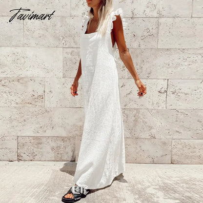 Lady Solid Flying Sleeve Square Collar Loose Long Dress Cotton Linen Dress Casual Backless Bow Lace-up Beach Summer Dress