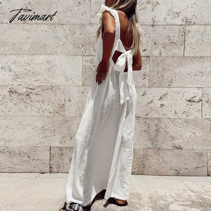 Lady Solid Flying Sleeve Square Collar Loose Long Dress Cotton Linen Dress Casual Backless Bow Lace-up Beach Summer Dress