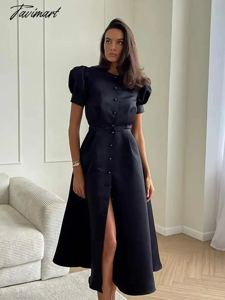 Lantern Short Sleeve Women Dress Elegant Slim Single Breasted Large Swing Long Female A-line Dresses Fashion Summer Vestido