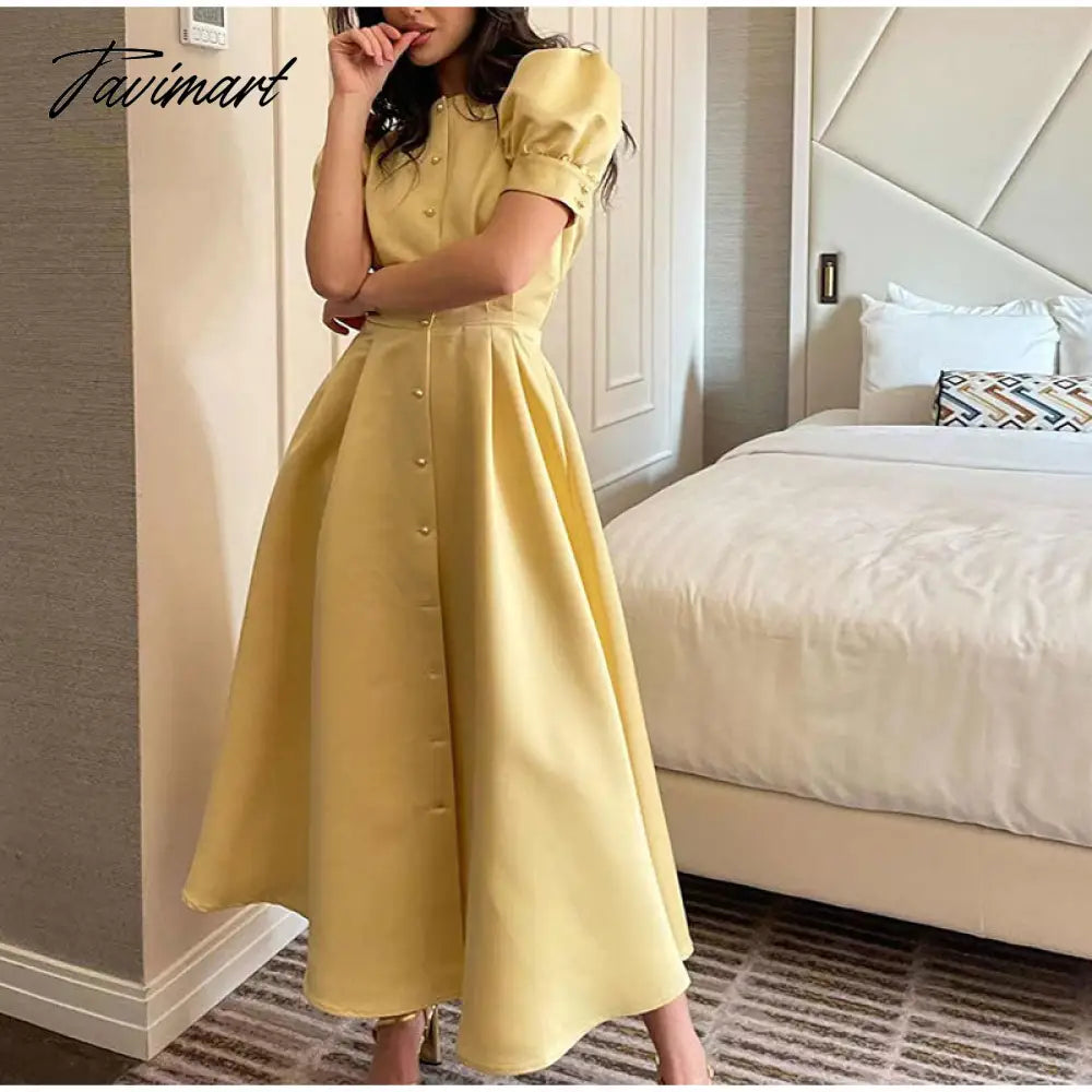 Lantern Short Sleeve Women Dress Elegant Slim Single Breasted Large Swing Long Female A-line Dresses Fashion Summer Vestido
