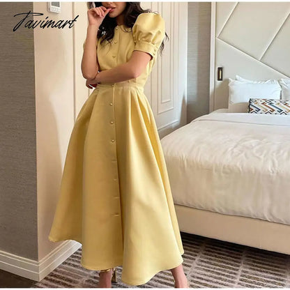 Lantern Short Sleeve Women Dress Elegant Slim Single Breasted Large Swing Long Female A-line Dresses Fashion Summer Vestido