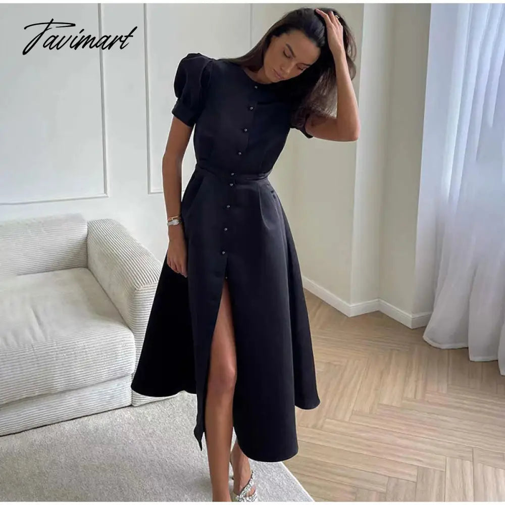 Lantern Short Sleeve Women Dress Elegant Slim Single Breasted Large Swing Long Female A-line Dresses Fashion Summer Vestido