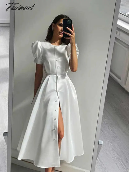 Lantern Short Sleeve Women Dress Elegant Slim Single Breasted Large Swing Long Female A-line Dresses Fashion Summer Vestido