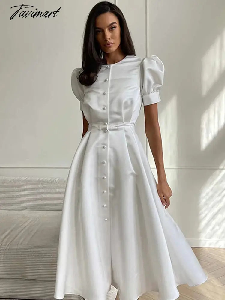 Lantern Short Sleeve Women Dress Elegant Slim Single Breasted Large Swing Long Female A-line Dresses Fashion Summer Vestido