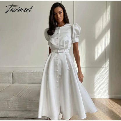 Lantern Short Sleeve Women Dress Elegant Slim Single Breasted Large Swing Long Female A-line Dresses Fashion Summer Vestido