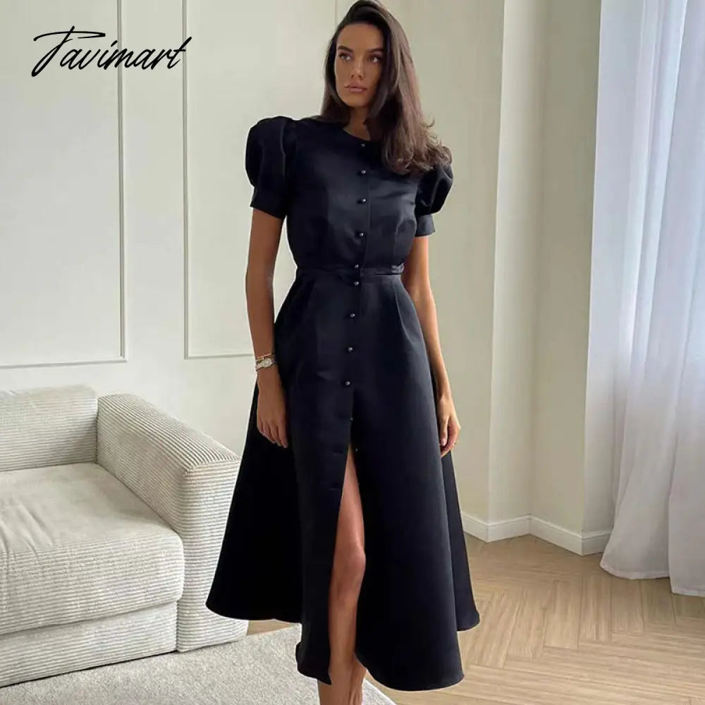 Lantern Short Sleeve Women Dress Elegant Slim Single Breasted Large Swing Long Female A-line Dresses Fashion Summer Vestido