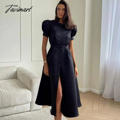 Lantern Short Sleeve Women Dress Elegant Slim Single Breasted Large Swing Long Female A-line Dresses Fashion Summer Vestido