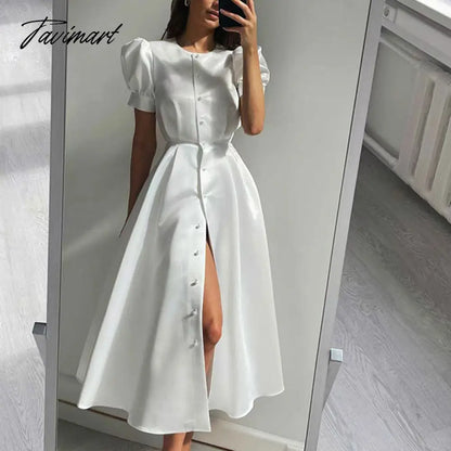 Lantern Short Sleeve Women Dress Elegant Slim Single Breasted Large Swing Long Female A-line Dresses Fashion Summer Vestido