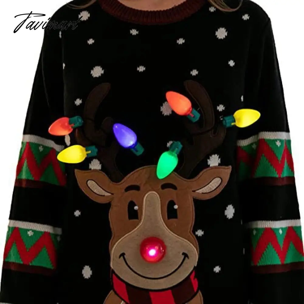 LED Light Sweater with Elk Women Winter Thic Warm Sweaters Full Sleeve O-neck Jumper Knitted Black Xmas Clothes New Year