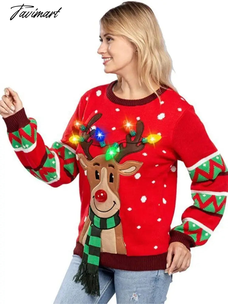 LED Light Sweater with Elk Women Winter Thic Warm Sweaters Full Sleeve O-neck Jumper Knitted Black Xmas Clothes New Year