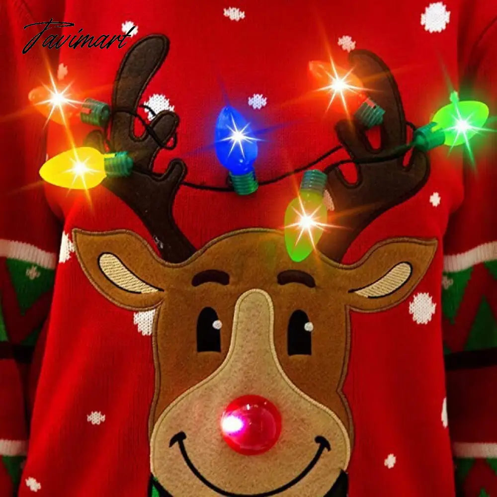 LED Light Sweater with Elk Women Winter Thic Warm Sweaters Full Sleeve O-neck Jumper Knitted Black Xmas Clothes New Year