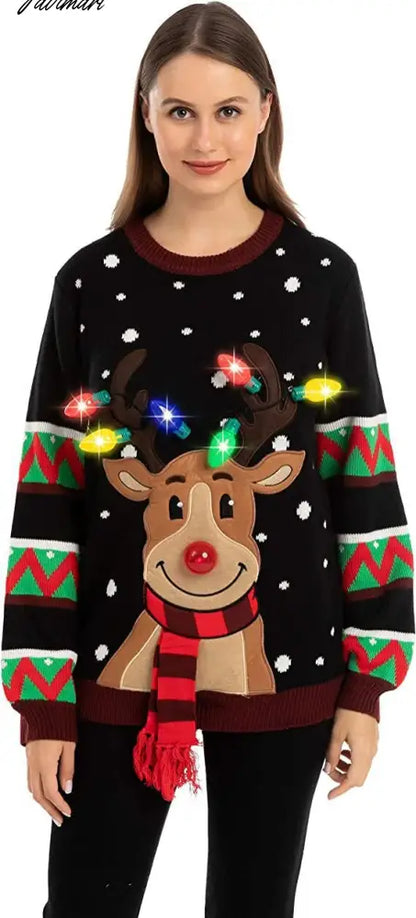 LED Light Sweater with Elk Women Winter Thic Warm Sweaters Full Sleeve O-neck Jumper Knitted Black Xmas Clothes New Year