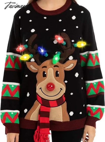 LED Light Sweater with Elk Women Winter Thic Warm Sweaters Full Sleeve O-neck Jumper Knitted Black Xmas Clothes New Year