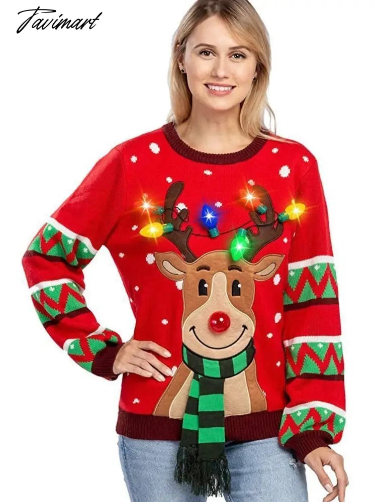 LED Light Sweater with Elk Women Winter Thic Warm Sweaters Full Sleeve O-neck Jumper Knitted Black Xmas Clothes New Year