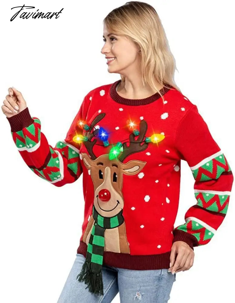 LED Light Sweater with Elk Women Winter Thic Warm Sweaters Full Sleeve O-neck Jumper Knitted Black Xmas Clothes New Year