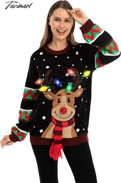LED Light Sweater with Elk Women Winter Thic Warm Sweaters Full Sleeve O-neck Jumper Knitted Black Xmas Clothes New Year