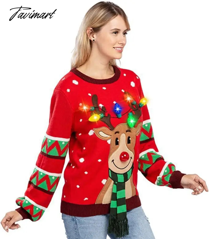 LED Light Sweater with Elk Women Winter Thic Warm Sweaters Full Sleeve O-neck Jumper Knitted Black Xmas Clothes New Year