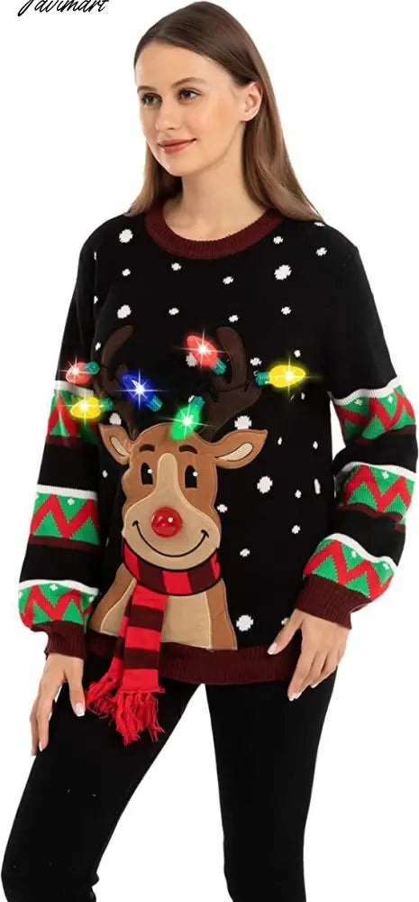 LED Light Sweater with Elk Women Winter Thic Warm Sweaters Full Sleeve O-neck Jumper Knitted Black Xmas Clothes New Year