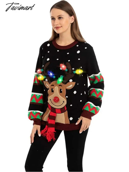 LED Light Sweater with Elk Women Winter Thic Warm Sweaters Full Sleeve O-neck Jumper Knitted Black Xmas Clothes New Year