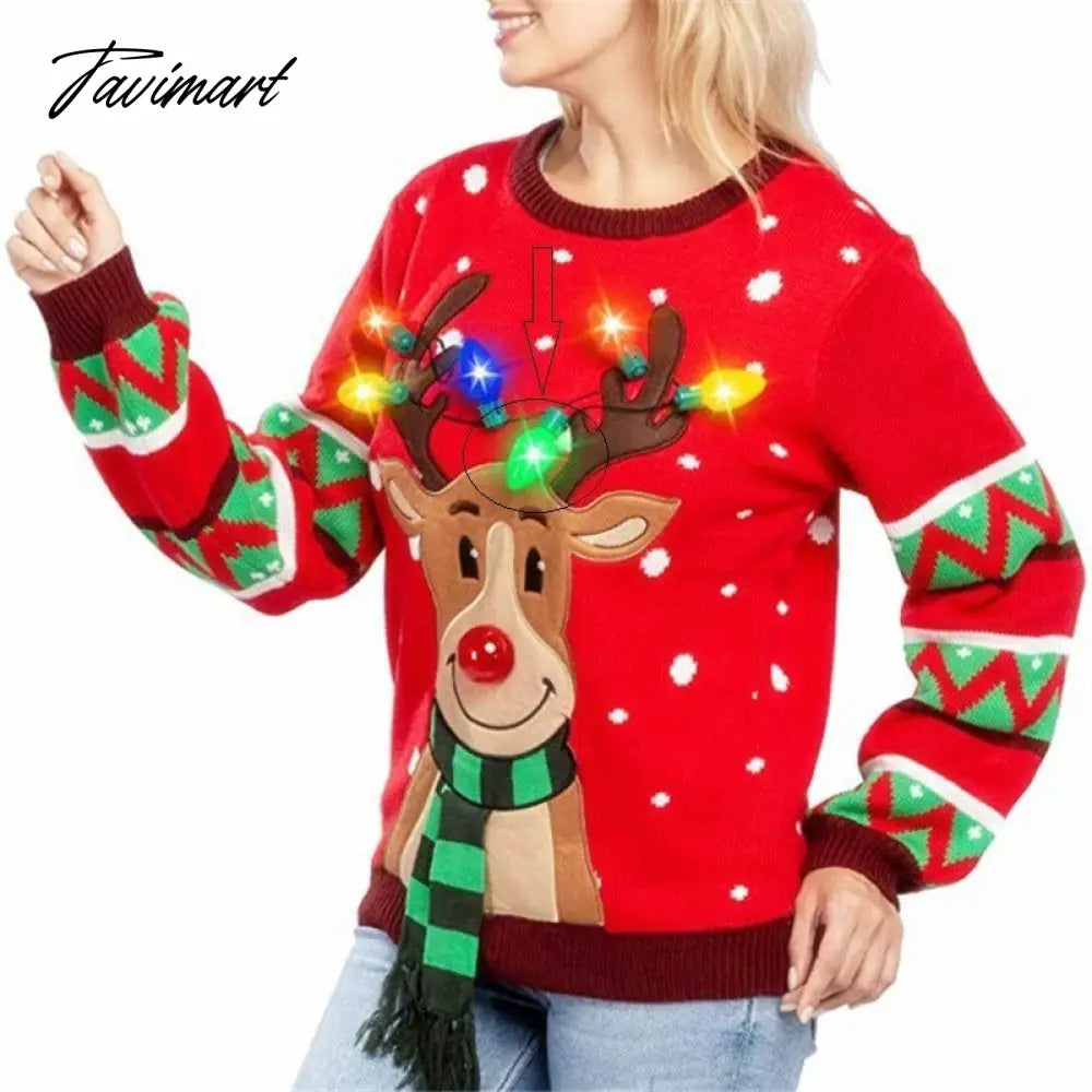 LED Light Sweater with Elk Women Winter Thic Warm Sweaters Full Sleeve O-neck Jumper Knitted Black Xmas Clothes New Year