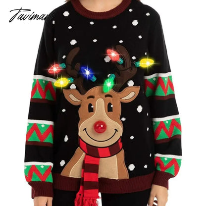 LED Light Sweater with Elk Women Winter Thic Warm Sweaters Full Sleeve O-neck Jumper Knitted Black Xmas Clothes New Year