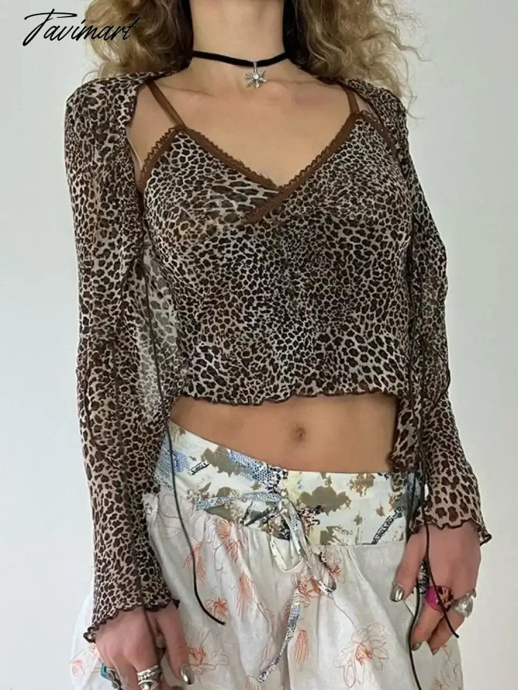 Leopard Crop Cardigans Grunge 2 Piece Set Women Bandage Harajuku Cardigan Sleeveless Vest Suit Pull Femme Y2k Aesthetic Clothes