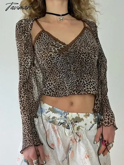 Leopard Crop Cardigans Grunge 2 Piece Set Women Bandage Harajuku Cardigan Sleeveless Vest Suit Pull Femme Y2k Aesthetic Clothes