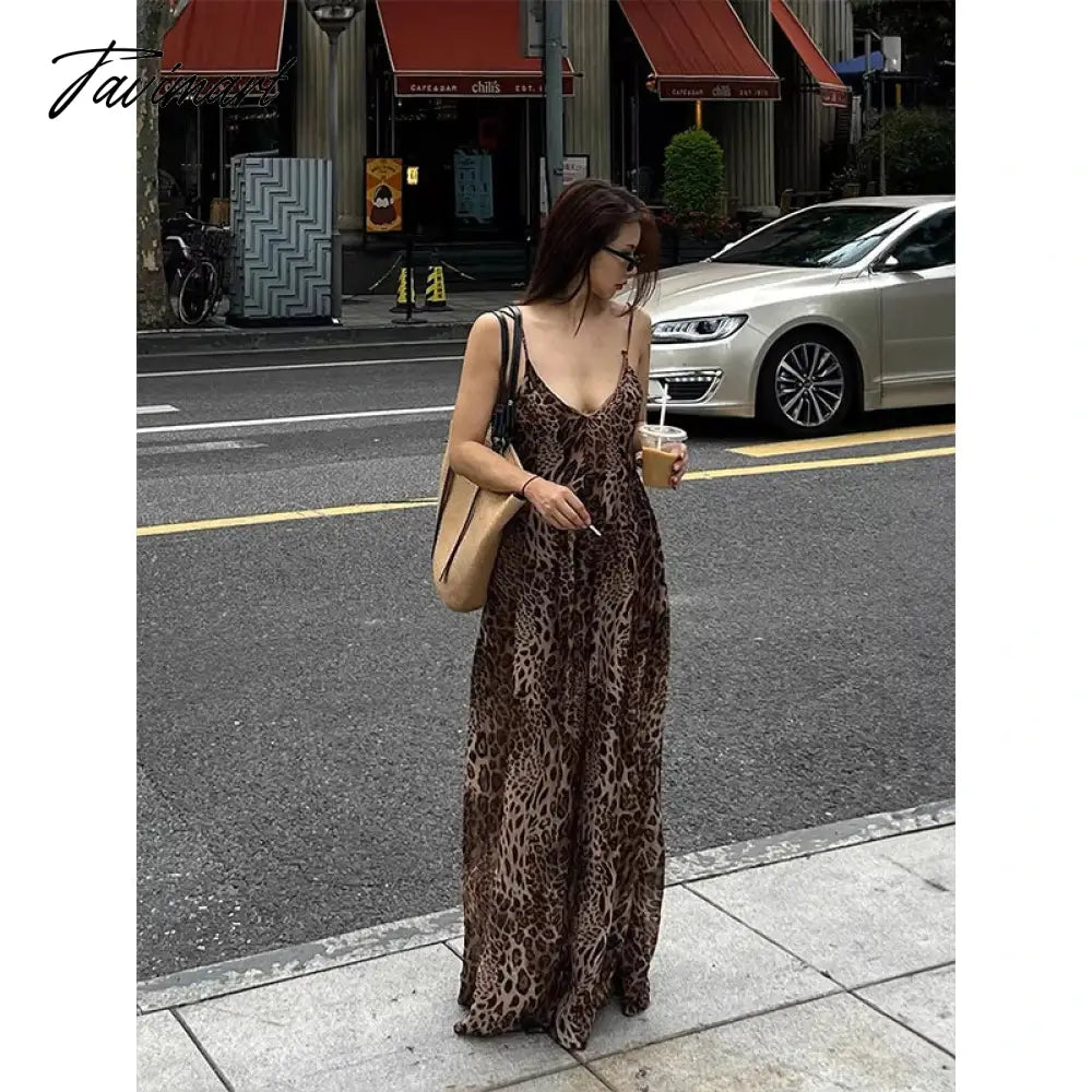 Leopard Print Open Back Sling Maxi Dress Women Sexy Off Shoulder Sleeveless Slim Vestidos Female Elegant Vacation Beach Robes