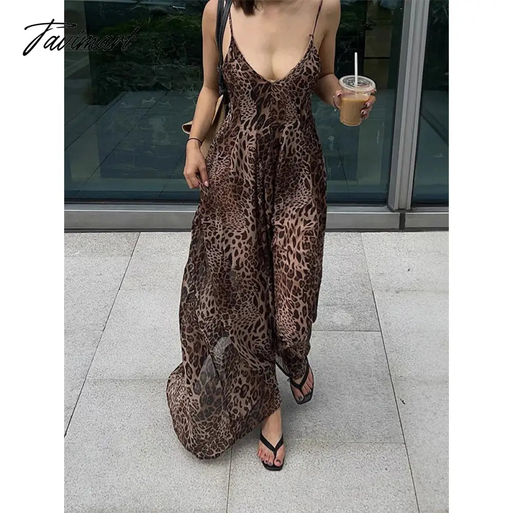 Leopard Print Open Back Sling Maxi Dress Women Sexy Off Shoulder Sleeveless Slim Vestidos Female Elegant Vacation Beach Robes