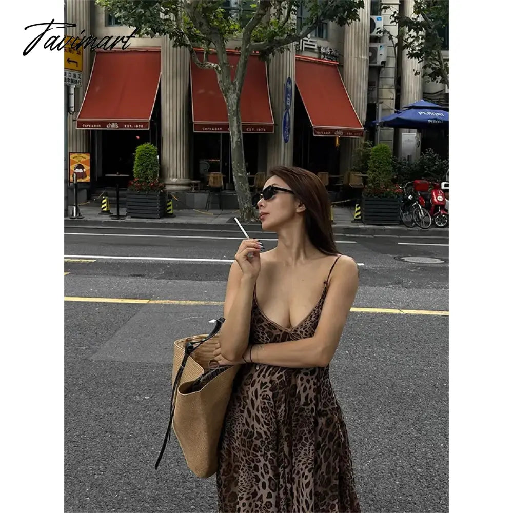 Leopard Print Open Back Sling Maxi Dress Women Sexy Off Shoulder Sleeveless Slim Vestidos Female Elegant Vacation Beach Robes