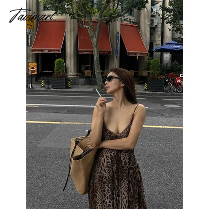 Leopard Print Open Back Sling Maxi Dress Women Sexy Off Shoulder Sleeveless Slim Vestidos Female Elegant Vacation Beach Robes