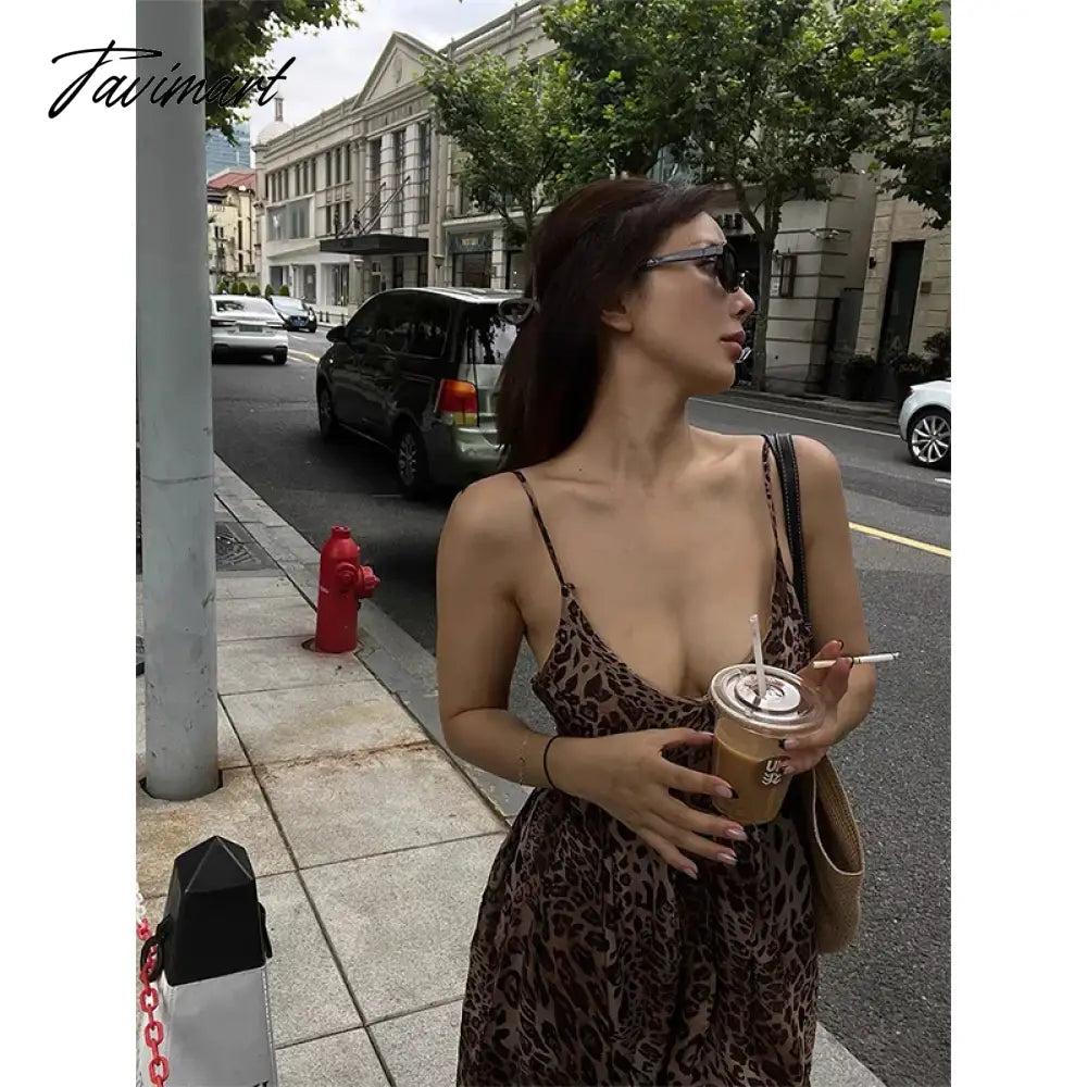 Leopard Print Open Back Sling Maxi Dress Women Sexy Off Shoulder Sleeveless Slim Vestidos Female Elegant Vacation Beach Robes