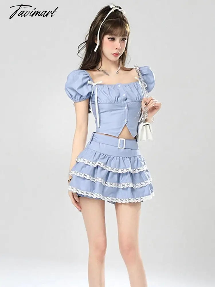 Lolita Kawaii Two Piece Set Women Lace Vintage Sweet Cake Skirt Set Female Bubble Sleeve Korean Fashion Mini Skirt Suit New
