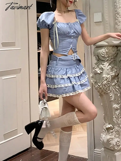Lolita Kawaii Two Piece Set Women Lace Vintage Sweet Cake Skirt Set Female Bubble Sleeve Korean Fashion Mini Skirt Suit New